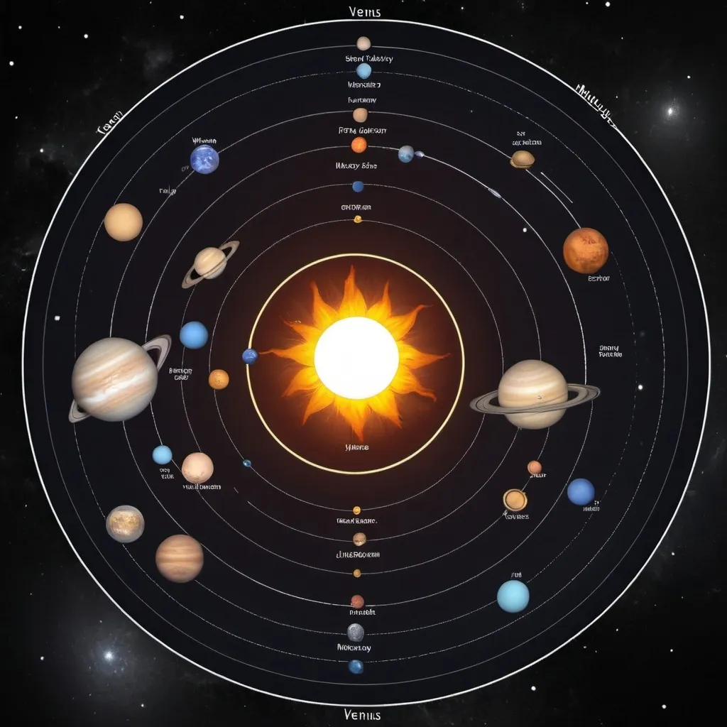 Prompt: Generate an image of the solar system with the planets positioned according to their locations on July 8, 2024. Include the Sun at the center, with Mercury, Venus, Earth, Mars, Jupiter, Saturn, Uranus, and Neptune positioned around it. Use a space-themed background with stars