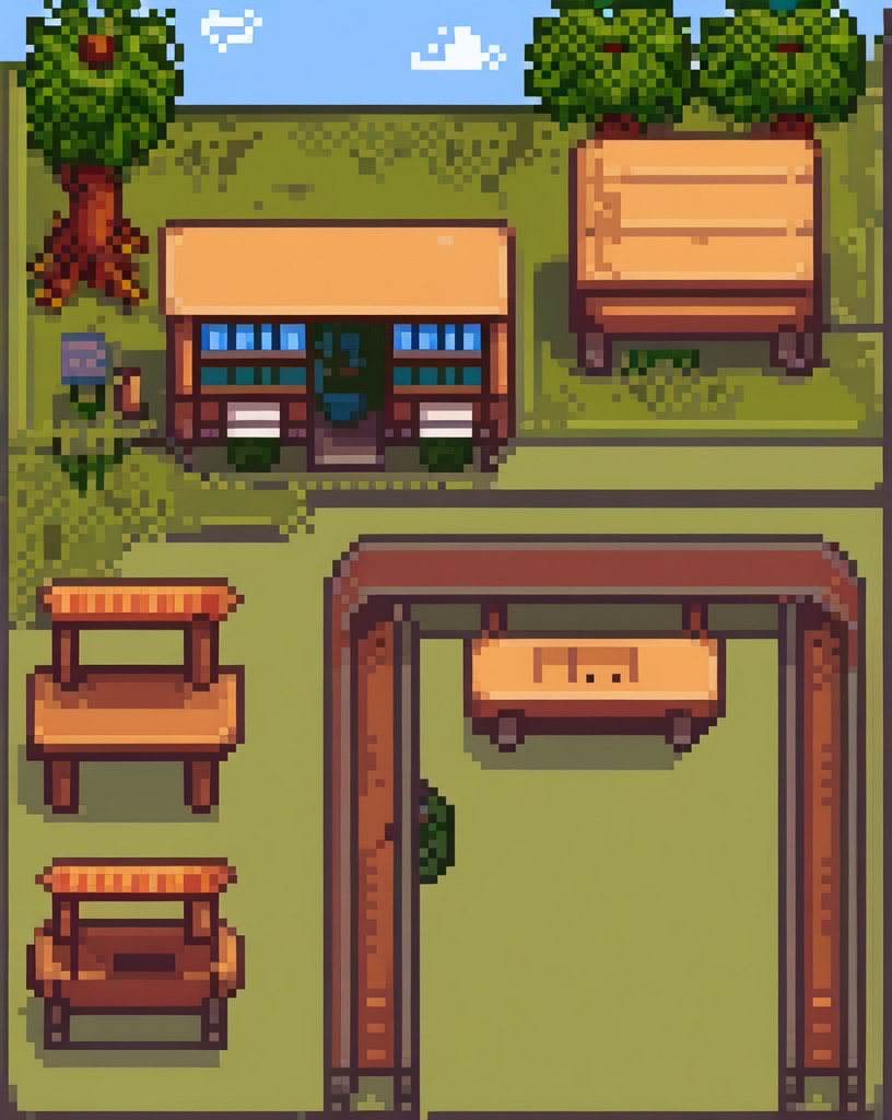 Prompt: RPG Maker game map, Japanese countryside, bus stop, pixel art style, suitable for game environments
