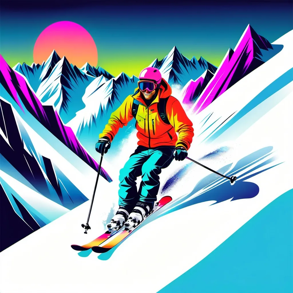 Prompt: illustrations for a T-shirt,vector,neon colours, 90's style,a man is ski freeriding in a huge amount of fresh and deep snow, realistic mountains all around 