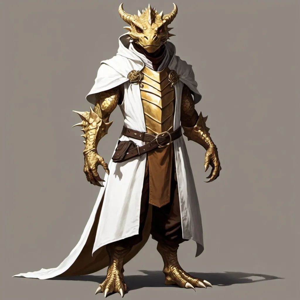 Prompt: give me a picture of a golden draconic dragonborn with a white cloak and commoners brown pants