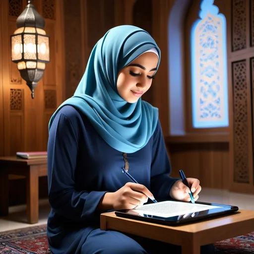 Prompt: (accurately spelled text "رزان"), (women wearing hijab and modest attire), diverse nationalities, studying Quran on a tablet, serene atmosphere, educational academy setting, spiritual ambiance, rich shades of blue, cozy wooden furniture, warm lighting that evokes tranquility, elements of Islamic art in the background, ultra-detailed, soothing vibe, emphasize unity and dedication, an inspiring focal image for a website.