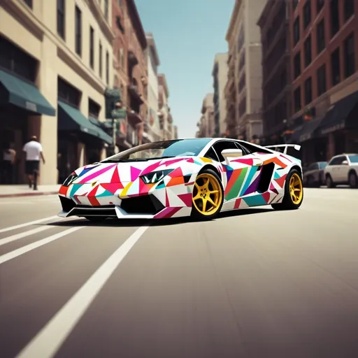 Prompt: create a photo that is artistic, digital, and geometric art styled of 2 lambos racing downtown