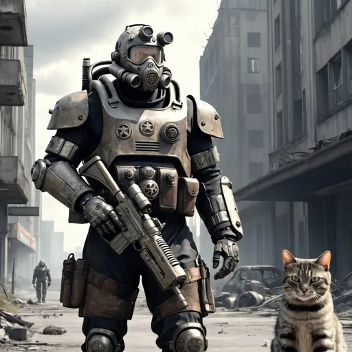 Prompt: Post-apocalyptic Berlin in 2077 after humanity's nuclear war. A man patrols in his Fallout power armor (Brotherhood of Steel), heavy armed, with his cat next to him. Photorealistic