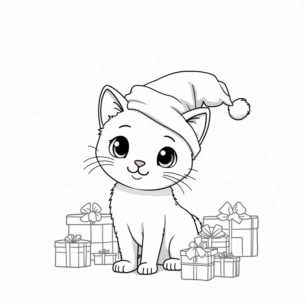 Prompt: (black and white), line art drawing, cute little cat, (whimsical Santa hat), expressive features, playful pose, many gift boxes in the background, (harmonious interplay of lines), captivating expressions, elegant and simple, charming and delightful ambiance, cheerful vibe, HD quality design, perfect for children's coloring book, enchanting and inviting aesthetic.