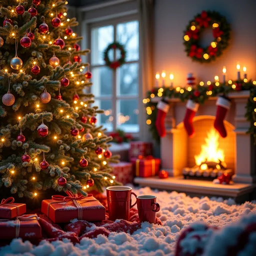 Prompt: （Christmas theme）, warm and cozy ambiance, enchanting winter night, snow softly falling, twinkling fairy lights, beautifully decorated tree, traditional ornaments, delightful presents, steaming mugs of hot cocoa, a gentle fireplace glow, festive wreaths adorning the walls, high quality 4K, festive, captivating brightness, joyful mood, spirit of celebration.