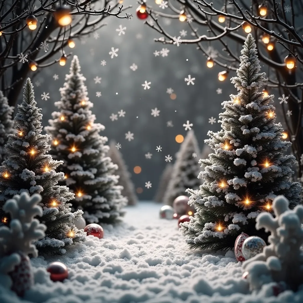 Prompt: black and white, (Christmas theme), whimsical decorations, snowflakes gently falling, cozy atmosphere, vintage style, festive trees, holiday ornaments, warm glow of lights, intricate patterns, serene winter scene, nostalgic ambiance, detailed textures, ultra-detailed, elegant تصميم