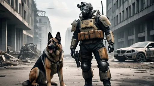 Prompt: Post-apocalyptic Berlin in 2077 after humanity's nuclear war. A man patrols in his power armor, armed, with his German Shepherd next to him. Photorealistic