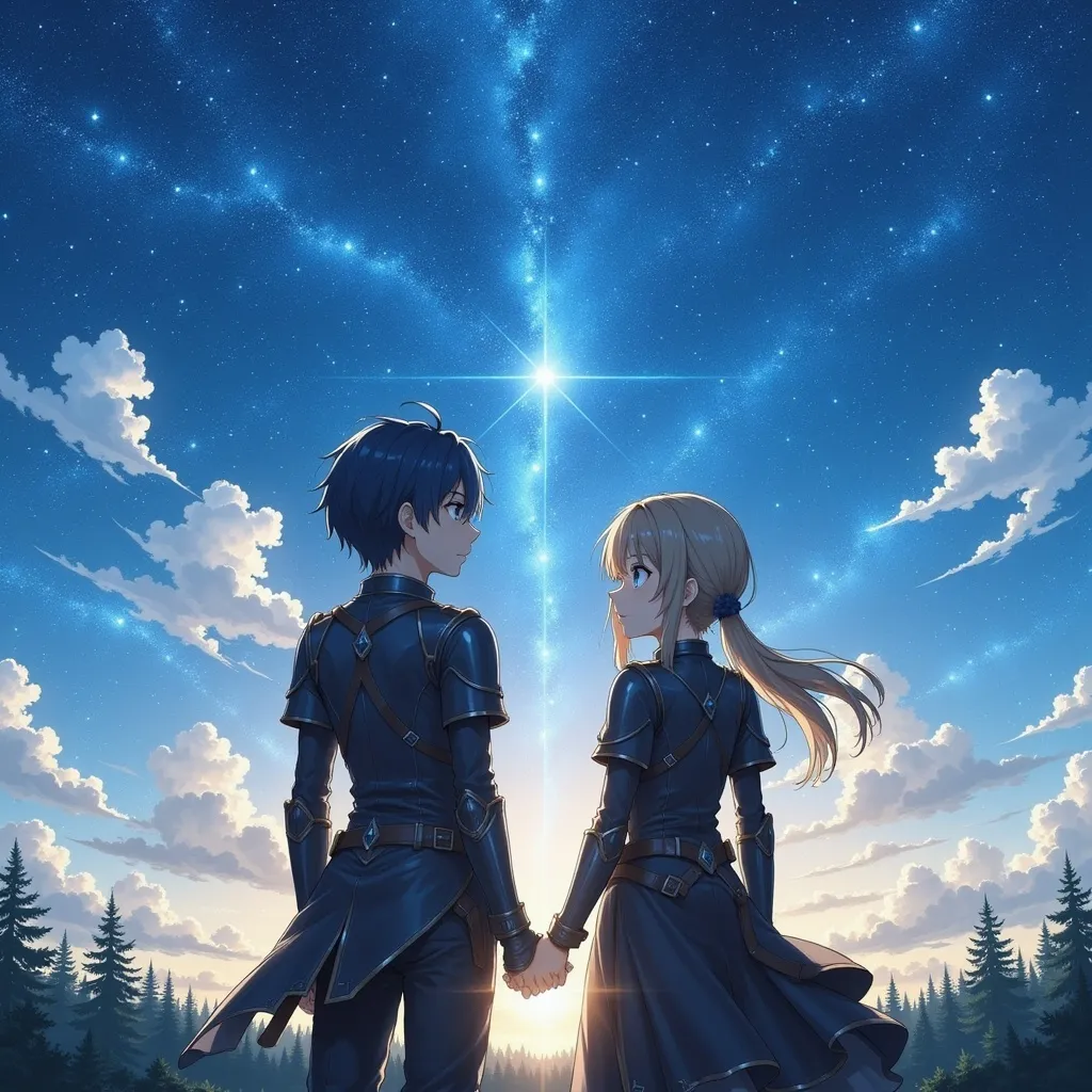 Prompt: two anime characters standing next to each other male & female, in front of a sky with stars and clouds behind them, Ay-O, sots art, official art, a manga drawing