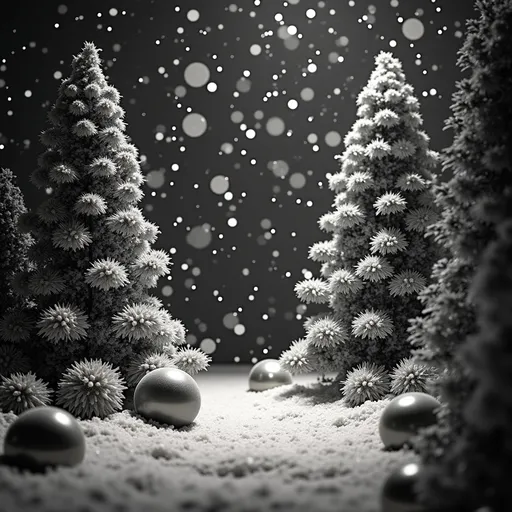 Prompt: black and white, (Christmas theme), whimsical decorations, snowflakes gently falling, cozy atmosphere, vintage style, festive trees, holiday ornaments, warm glow of lights, intricate patterns, serene winter scene, nostalgic ambiance, detailed textures, ultra-detailed, elegant تصميم