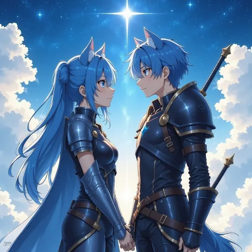 Prompt: two anime characters standing next to each other male & female, in front of a sky with stars and clouds behind them, Ay-O, sots art, official art, a manga drawing