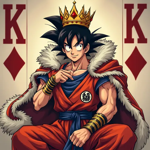 Prompt: King of Hearts poker playing card, with anime character Son Goku as King with crown