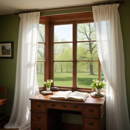 Prompt: I want an image of a desk with a book open, where there is an open window next to it. There is a white sheer curtain that is being blown by a cool spring breeze, where there is spring buds coming in on a green leafed tree outside the window. 
The interior of the room should be more modern, and more western. 

