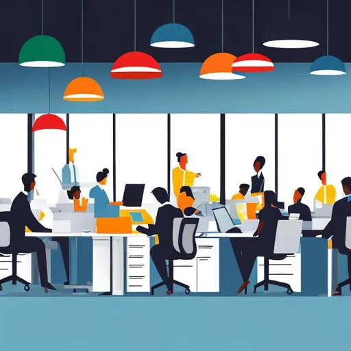 Prompt: Professional illustration of organizational behavior, modern office setting, diverse group of employees collaborating, vibrant and dynamic atmosphere, high quality, detailed, modern, professional, teamwork, corporate, diverse employees, dynamic, vibrant, organized, modern office setting, bright and energetic lighting
