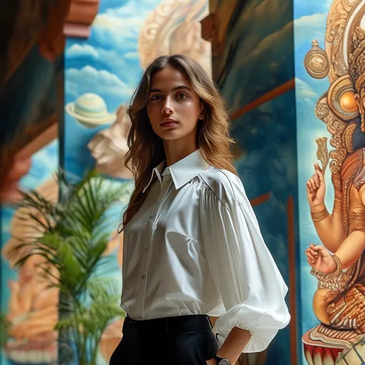 Prompt: Against a vibrant mural depicting a deity with multiple arms, a young woman stands confidently in a well-lit indoor space, showcasing a blend of traditional and contemporary elements. She wears a stylish, fitted white shirt with puffed sleeves and black pants, complemented by a watch on her wrist, exuding a modern grace. The mural, featuring a celestial background with planets and a majestic portrayal of the deity surrounded by smaller figures, adds a colorful and spiritual backdrop to the scene. The marble flooring and decorative border contribute an elegant touch, enhancing the ambiance of the room. Captured in a relaxed yet poised manner, the woman's expression reflects a blend of pride and serenity, harmonizing beautifully with the artistic surroundings.
