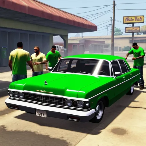 Prompt: Car wash with a green Lowrider and men at work in GTA SA Style