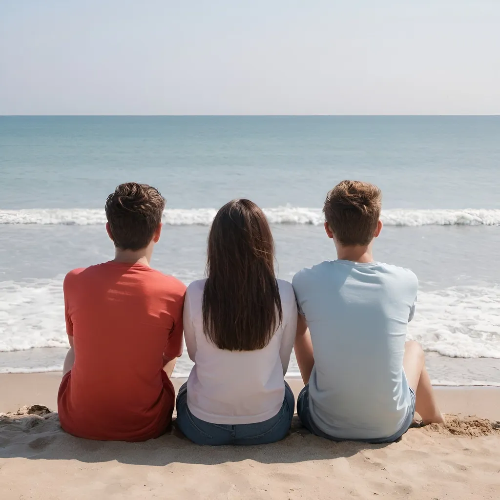 Prompt: two friends in sitting in a beach facing to sea their back pose