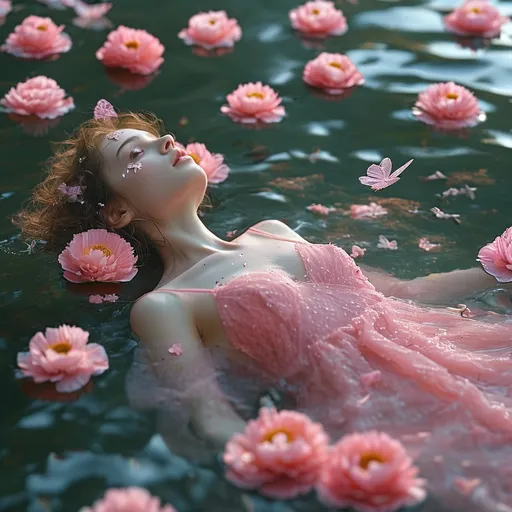 Prompt: (Adding stars shaped like butterflies) floating on water, (a dead woman) drowned yesterday in a (pink dress), lying peacefully in a lake, surrounded by blooming (peonies), (ethereal lighting) capturing the serenity, moody atmosphere, soft reflection on the water, vibrant contrast of colors, (4K), ultra-detailed, evocative visual storytelling. Метелики повинні оітати навколо неї