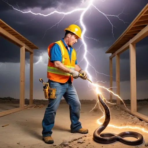 Prompt: Construction worker killing snake with lightning bolt