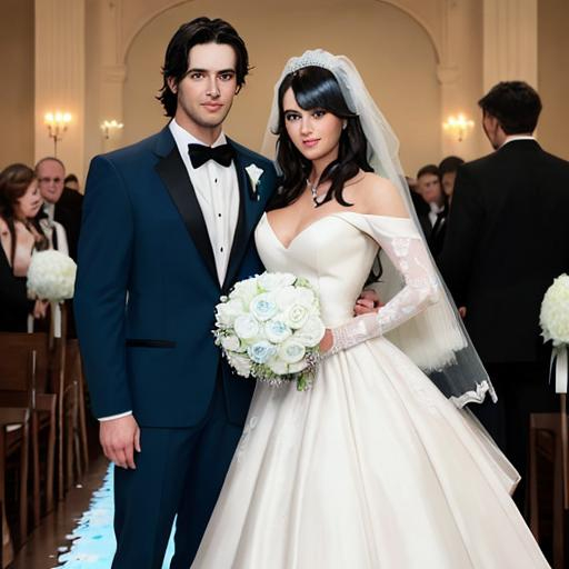 Prompt: a wedding woman is standing between a man with black hair and a man brunette hair with blue eyes 