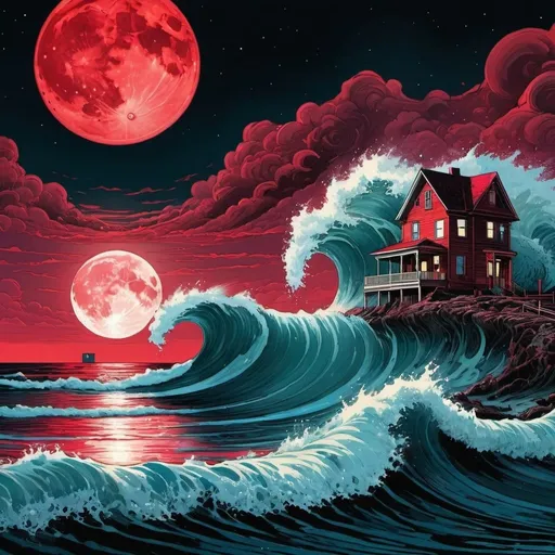 Prompt: a painting of a wave with a full moon in the background and a building in the distance with a red light on it, Dan Mumford, psychedelic art, josan gonzales and dan mumford, poster art