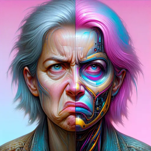 Prompt: Futuristic cyberpunk portrait of a grumpy woman, HR Giger-inspired hyper-maximalism, ultra-realistic, high dynamic range, dystopian, smooth transition to realistic zombie, pastel colors, maximum resolution, highly detailed, futuristic cyberpunk, HR Giger, dystopian, HDR, ultra-realistic, hyper-maximalism, grumpy face, smooth transition, pastel colors, detailed