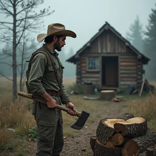 Prompt: مرد جوان با کلاه در کنار کلبه کوچک در هوای ابری با تبر در حال شکستن چوب 