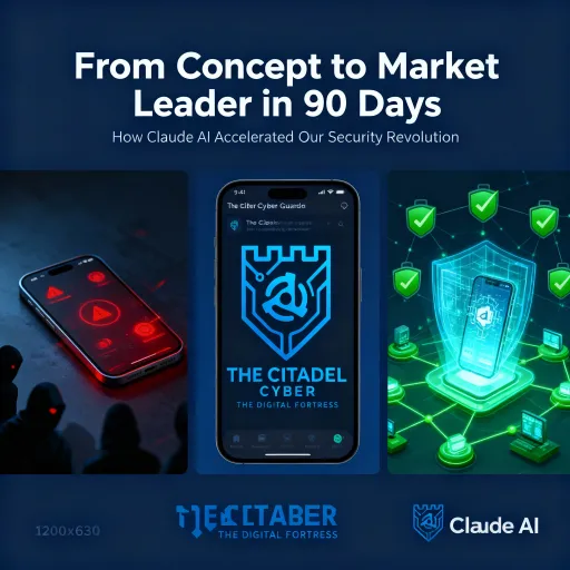 Prompt: Dimensions: 1200x630px (Social media optimal)
Design Concept: Mobile security transformation journey
Left Third: Vulnerable smartphone with red warning indicators, hackers in shadows
Center: The Citadel Cyber Guardian app interface showing protection active
Right Third: Secure network visualization with green checkmarks, protected devices
Text Overlay: "From Concept to Market Leader in 90 Days"
Subtitle: "How Claude AI Accelerated Our Security Revolution"
Visual Elements:
Holographic shield protecting mobile device
Network nodes with security connections
Claude AI logo integrated as security brain
Professional blue/green security color scheme