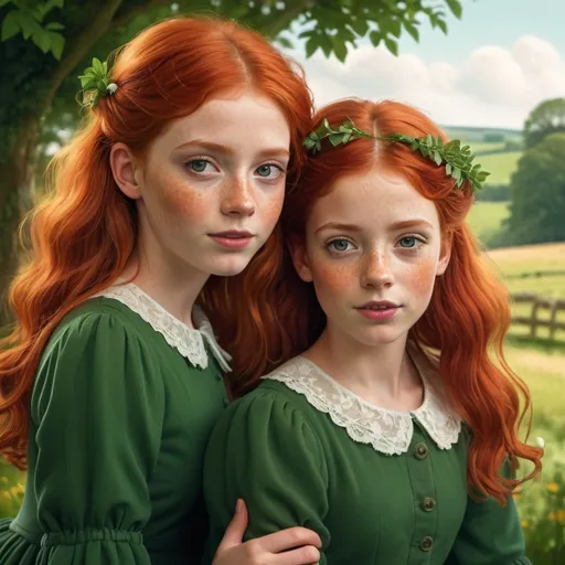 Prompt: High-quality digital illustration of twin girls with red hair, British countryside setting, vibrant red and green color scheme, realistic rendering, detailed facial features, flowing red hair, elegant dresses, vintage atmosphere, soft and warm lighting, detailed eyes and freckles, realistic hair texture, lush greenery, countryside charm