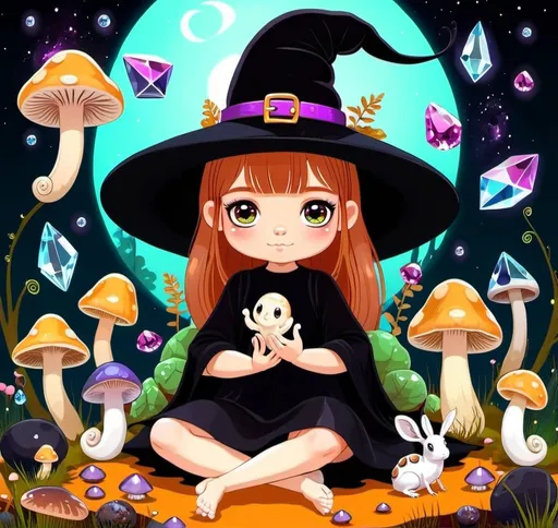 Prompt: Cute Snails and mushrooms around witch girl with crystals