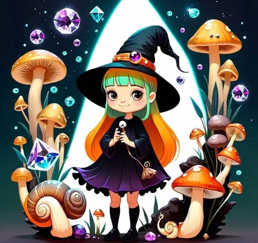 Prompt: Cute Snails and mushrooms around witch girl with crystals