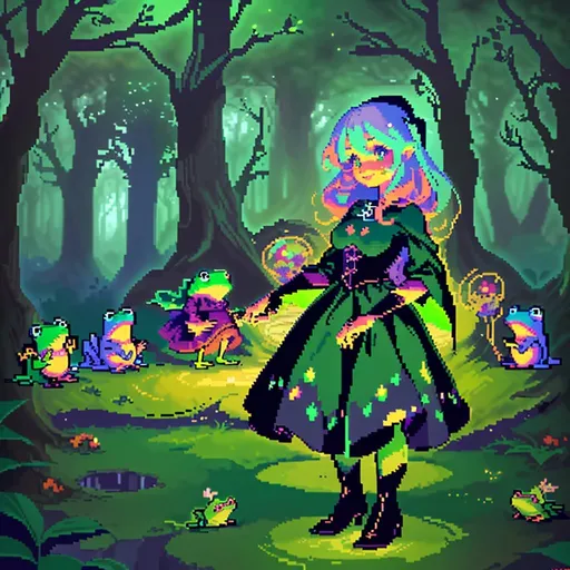 Prompt: Cute witch girl surrounded by adorable frogs, magical forest setting, warm and whimsical color palette, detailed eyes, high quality, whimsical, magical, cute frogs, witch girl, detailed, warm tones, forest setting, colorful, magical atmosphere