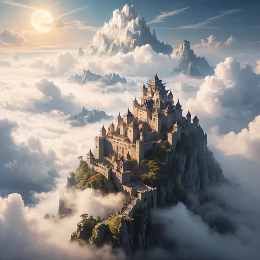 Prompt: An castle above the clouds, an ancient light kingdom 