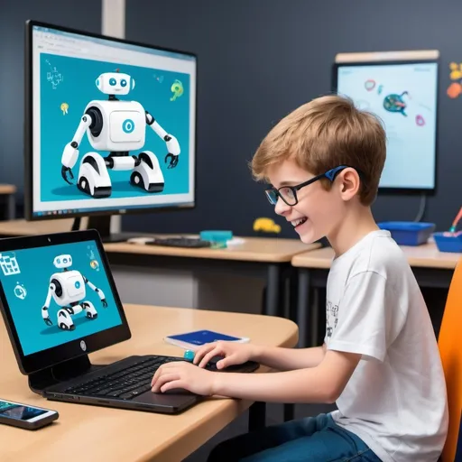 Prompt: Create a vibrant and engaging illustration featuring a virtual robotic vehicle with four wheels and various sensors (distance, color, touch) displayed on a computer screen. A young white student, aged 8-16, is excitedly programming the robot using Python, with a joyful expression. The background should showcase a maze and an underwater environment to depict different missions. Add elements like floating code snippets and small robotic icons to highlight the programming aspect. The overall scene should be fun, educational, and inspiring, appealing to both parents and children