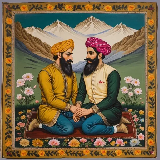 Prompt: a painting of a gay couple of two men sitting next to each other on a carpet. In a field of flowers and mountains in the background, Bálint Kiss, qajar art, classical painting, an oil on canvas painting.  Night, 

The man to the left has long beard a islamic topi. He is holding the other man's hand.  Dark red clothes 

The man to the right has a moustache and he has a Nehru jacket with flowers.  He has one hand in his lap. 

There are flowers in the background. 