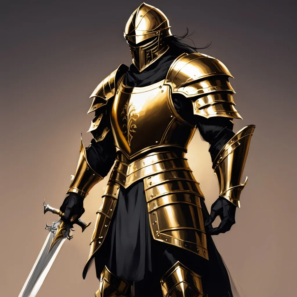 Prompt: strong knight, black hair, golden armor, male