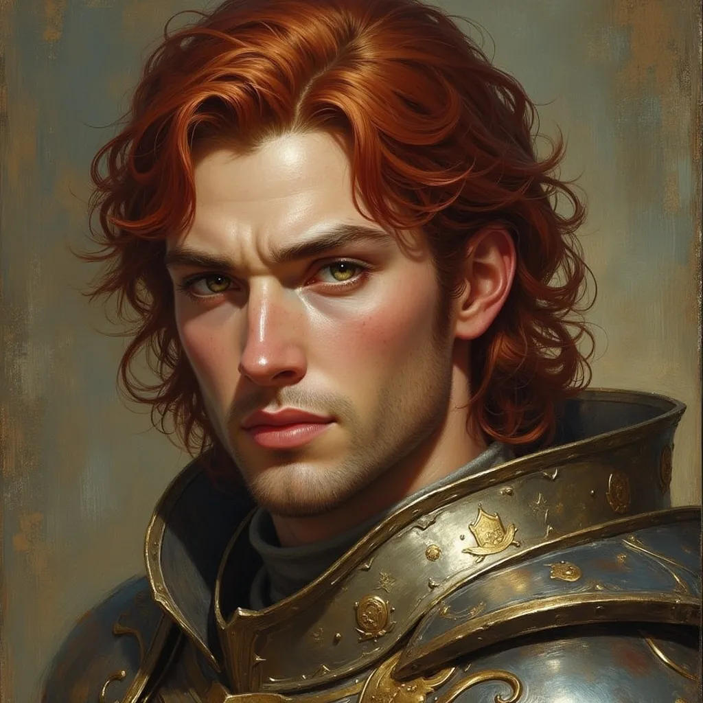 Prompt: Young knight, wavy red hair, serious