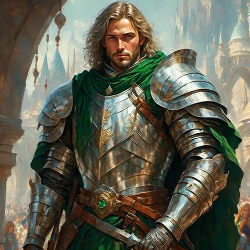 Prompt: <mymodel> strong, old knight, silver armor, shining green eyes