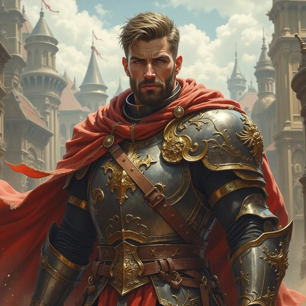 Prompt: handsome heroic knight in the city