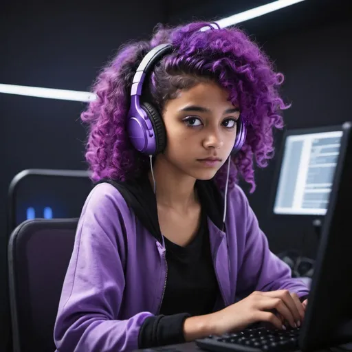 Prompt: young girl from the front, curly purple hair, mixed skin, headphones on the ears, futuristic image, typing on a computer