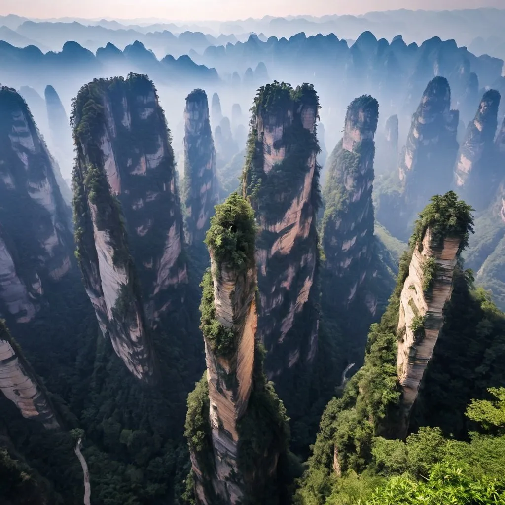 Prompt: birds eye view over zhangjiajie mountains.