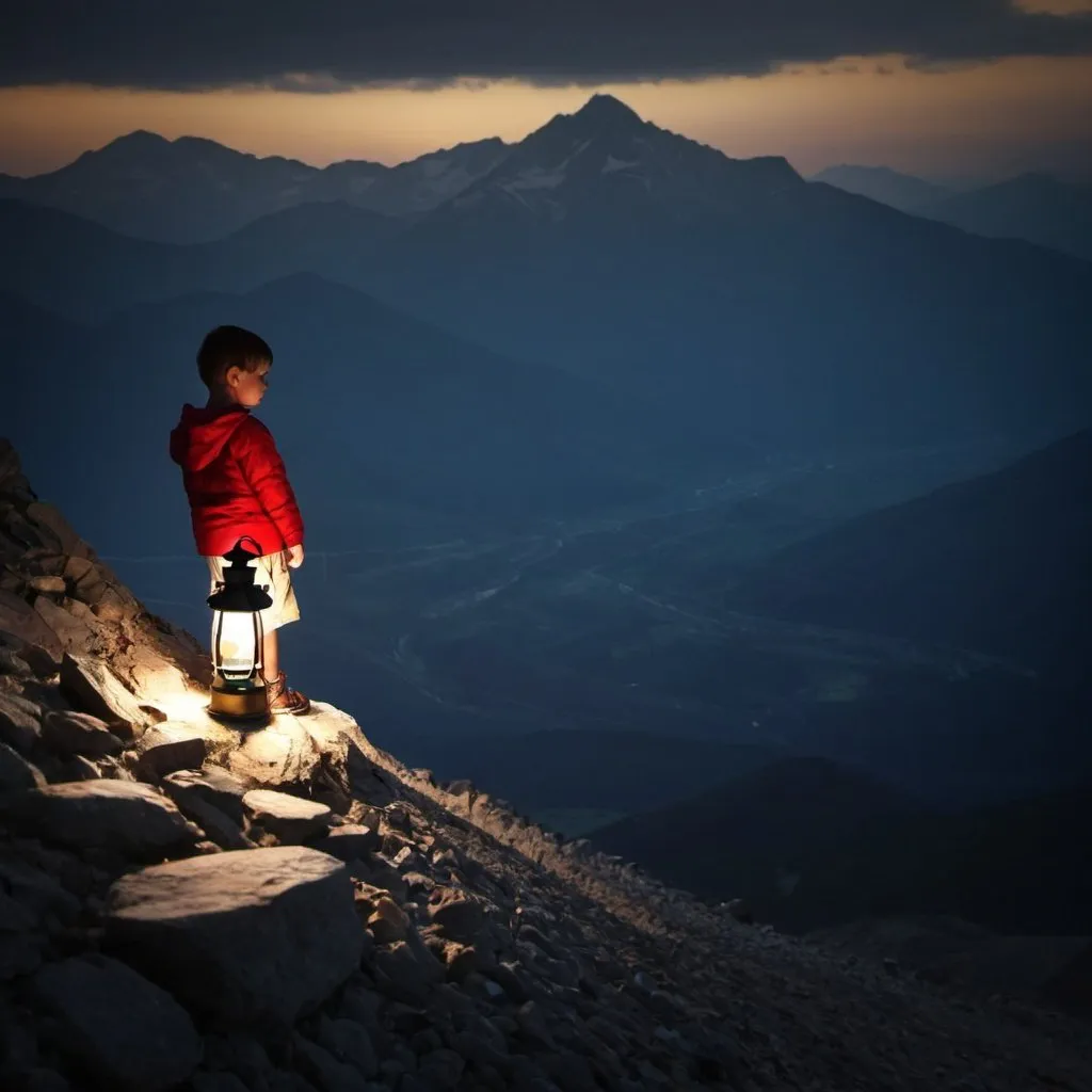 Prompt: kid in shadow at beautiful top of mountain with lamp