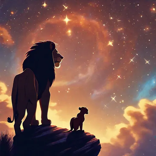 Prompt: image is accurate to lion king animation style;
simba and another character looking at night sky, in sky is stars, and nebulas , and simple beuatiful night sky
