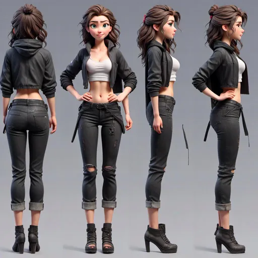 Prompt: <mymodel> short athletic teenage woman showing off her nice figure wearing black post apocalyptic cropped clothing and a cloak. She has curly dark hair and a cute face. She is wearing trousers. Her clothes are torn and damaged and dirty