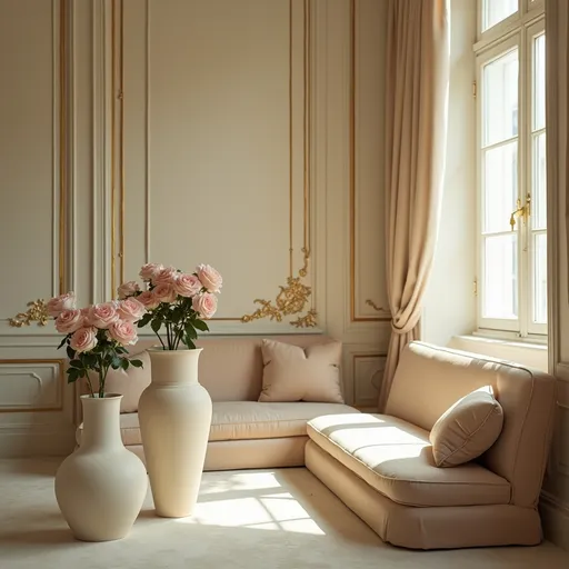 Prompt: A serene, editorial Parisian interior bathed in soft natural light, ivory walls with ornate gold trim, velvet furnishings in oat and bone tones, fresh blush roses in sculptural vases, quiet luxury ambiance, cinematic mood, French minimalism with spiritual depth, gentle shadows, air of mystery and power, photographed like a Fear of God x Chanel campaign, 3:4 ratio, muted warm color grading, Vogue aesthetic, no people