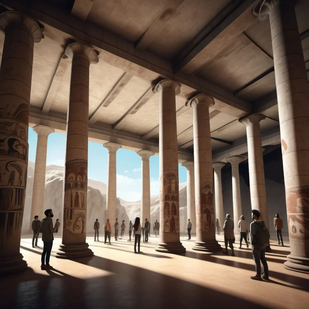 Prompt: a group of people standing in a large room with columns and a ceiling with columns and pillars, Claire Dalby, samikshavad, tone mapping, a cave painting. generate animation style