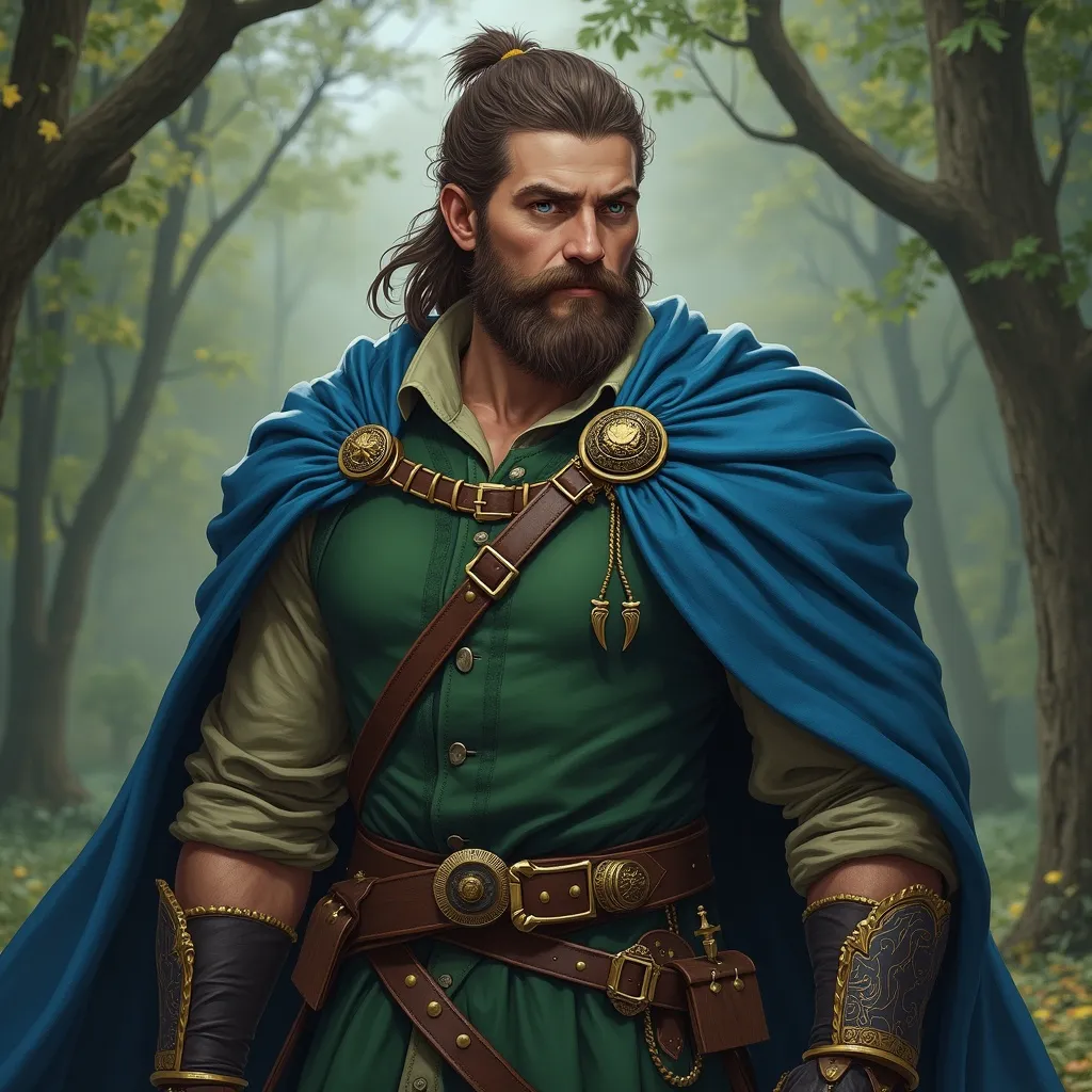 Prompt: hyper-realistic noble Ranger, male, age 30, Hazel Eyes, Full Beard, Muscular, well groomed, and wearing Forest Green and Royal Blue. fantasy character art, dnd, Full body