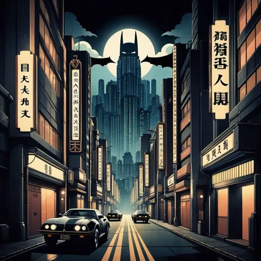 Prompt: Create an Art Deco style image of a Japan city from the 80’s. In the style of the original Batman cartoon.Make it a bit more misterious, I also like symmetry and search lights in the background.