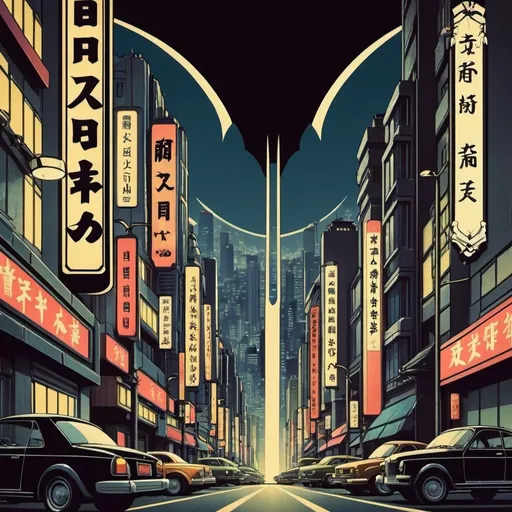 Prompt: Create an Art Deco style image of a Japan city from the 80’s. In the style of the original Batman cartoon.