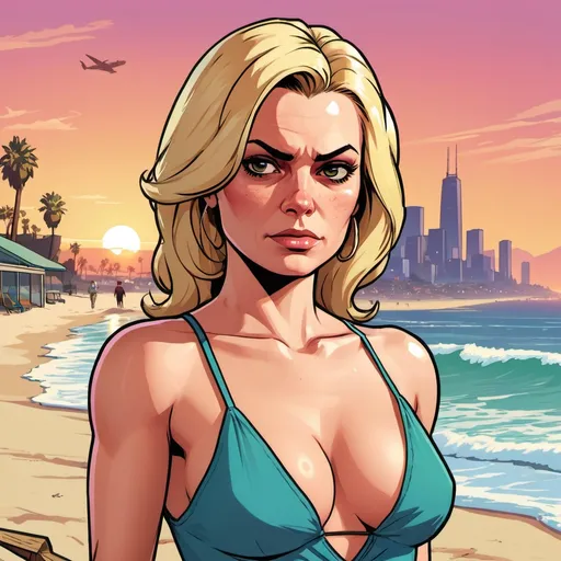 Prompt: GTA V cover art, blonde woman on the beach at sunset, cartoon illustration