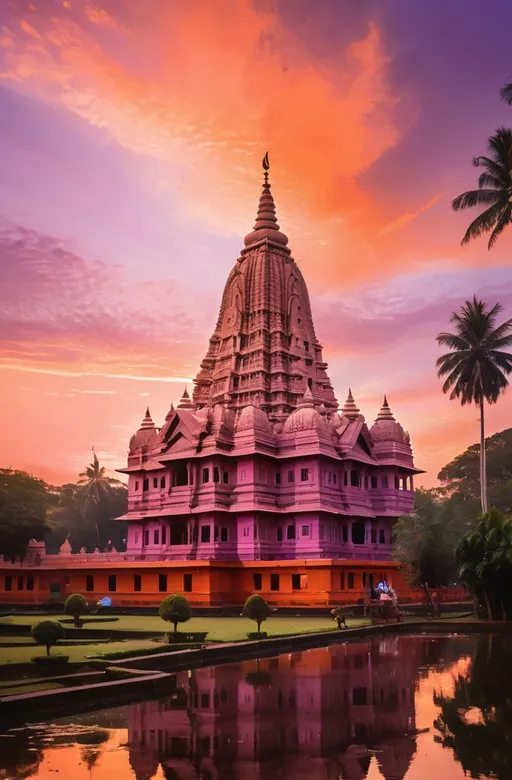 Prompt: Beneath a stunning sunset painted in hues of orange and purple, the majestic temple emerges with intricate architecture, its central spire reaching skyward against the vibrant sky. This grand structure, adorned in soft pink tones, draws visitors who walk along the pathway lined with manicured greenery, creating a serene atmosphere. The scene captures a blend of spirituality and community as people in traditional attire gather, some moving toward the entrance, while others pause to appreciate the beauty around them. The composition balances the architectural details of the temple with the natural splendor of the sky, inviting a sense of tranquility and reverence in this moment of dusk.